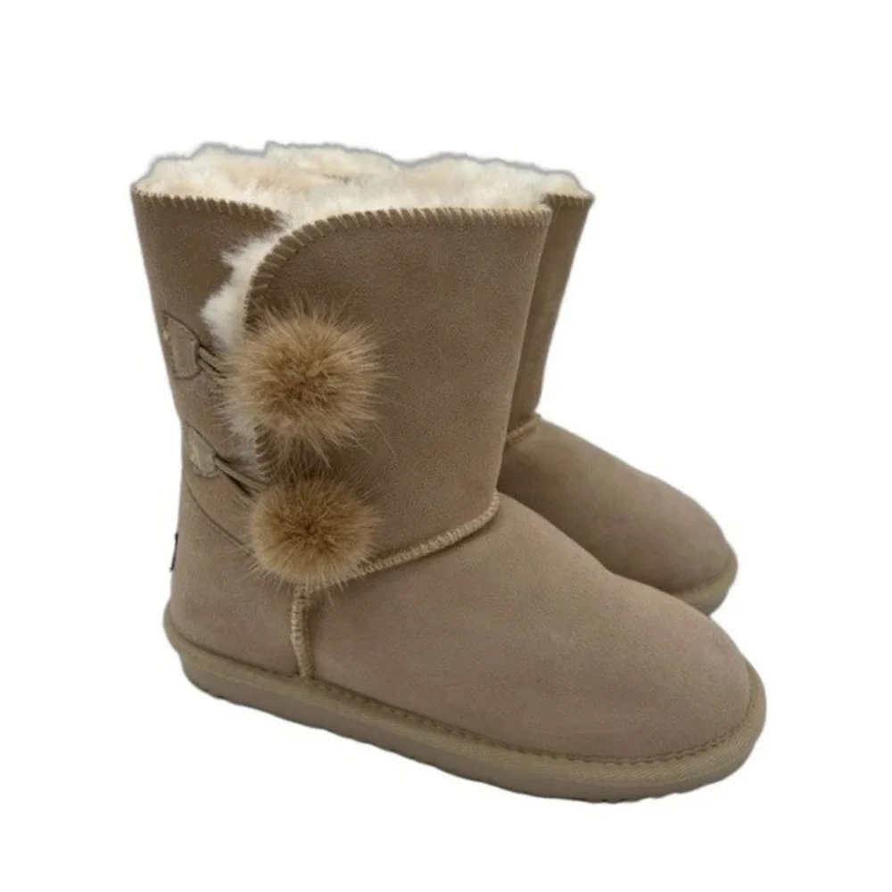 Dream Pairs Mid Calf Boots Youth Size 4 Fur Pom Pom Tan Suede Toggle Shearling